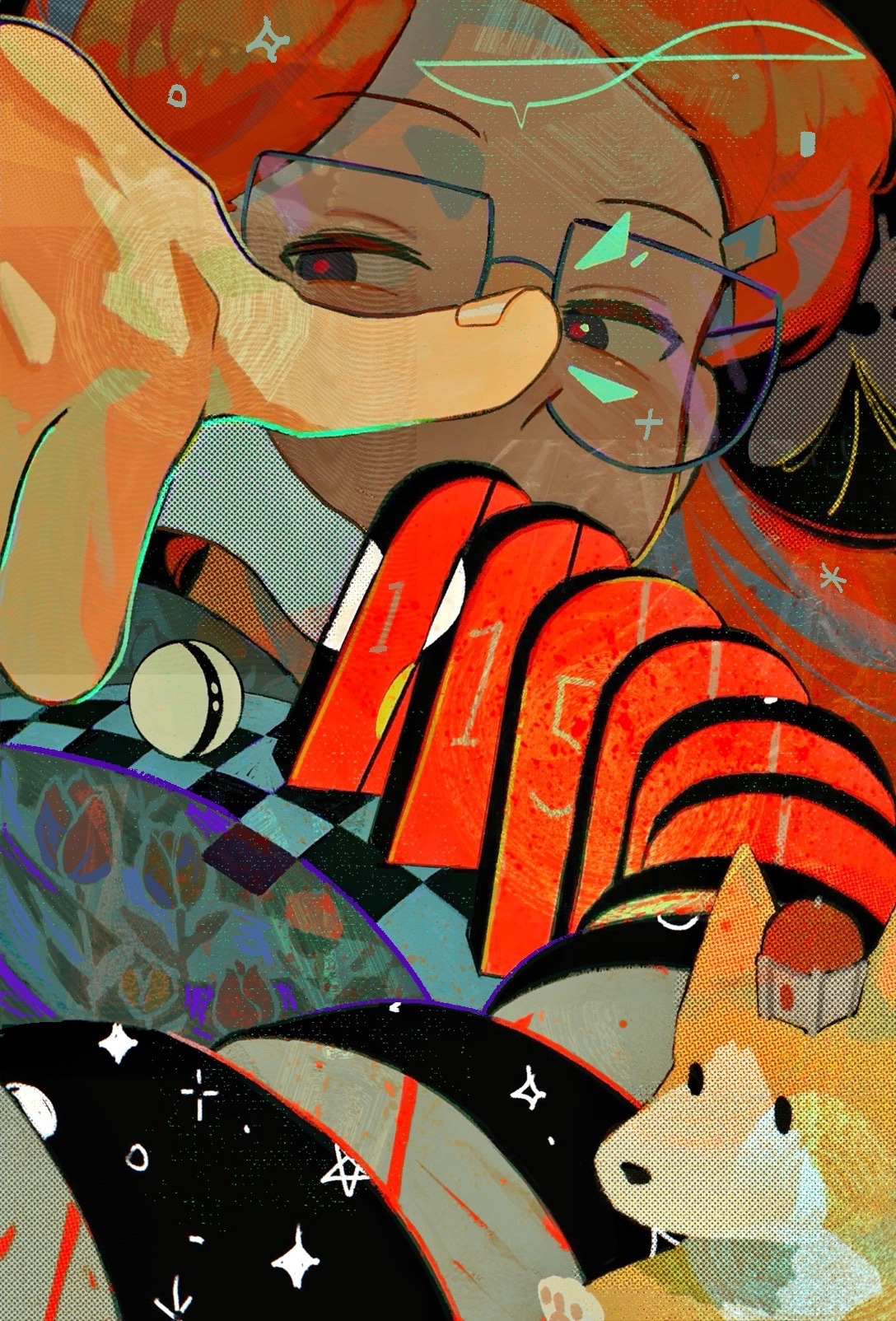a-kai202, atticus (infinity train), tulip olsen, infinity train, commentary, english commentary, highres, 1girl, black eyes, dog, door, flower, glasses, long hair, one-one (infinity train), orange hair, ponytail, red pupils, tulip