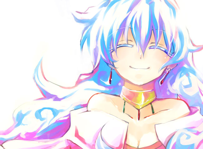 misaki kozue, nia teppelin, tengen toppa gurren lagann, silver hair, 00s, 1girl, ^ ^, bare shoulders, breasts, cleavage, closed eyes, collar, collarbone, colored eyelashes, curly hair, female focus, long hair, simple background, small breasts, solo, upper body, very long hair, white background