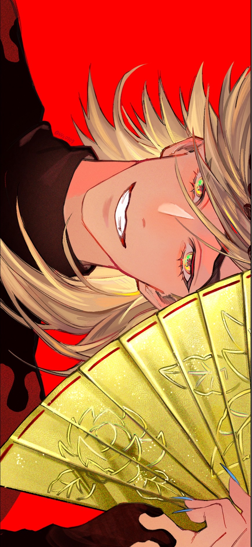 douma (kimetsu no yaiba), kimetsu no yaiba, commentary, highres, 1boy, evil grin, evil smile, fingernails, flipped hair, grin, hand fan, holding, holding fan, looking at viewer, male focus, medium hair, multicolored eyes, nvz0707, red background, sharp fingernails, sideways, simple background, smile, solo, spiked hair, swept bangs, text in eyes, turtleneck