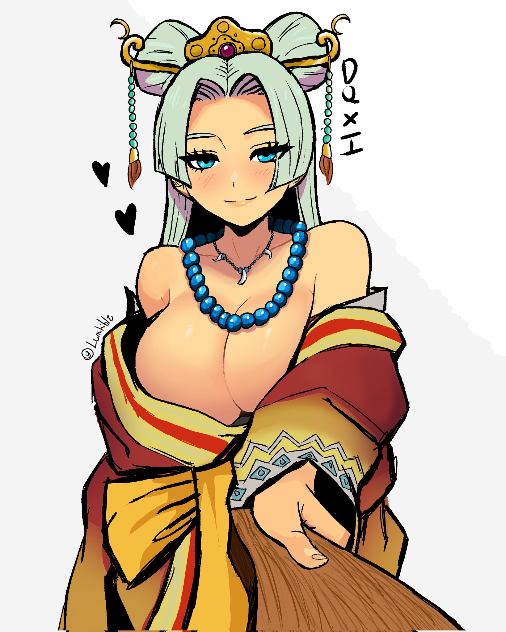 nima daishi, dragon quest, dragon quest xi, commentary, highres, 1girl, bead necklace, beads, blue eyes, blunt bangs, breasts, cleavage, copyright name, gradient clothes, grey hair, hair ornament, heart, holding, holding stick, japanese clothes, jewelry, kimono, large breasts, long hair, looking at viewer, lunchiblz, multiple necklaces, necklace, sketch, smile, stick, twitter username, updo, upper body, white background