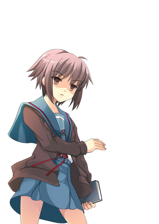 yuuji overall, nagato yuki, suzumiya haruhi no yuuutsu, tagme, 00s, cardigan, school uniform, serafuku, solo
