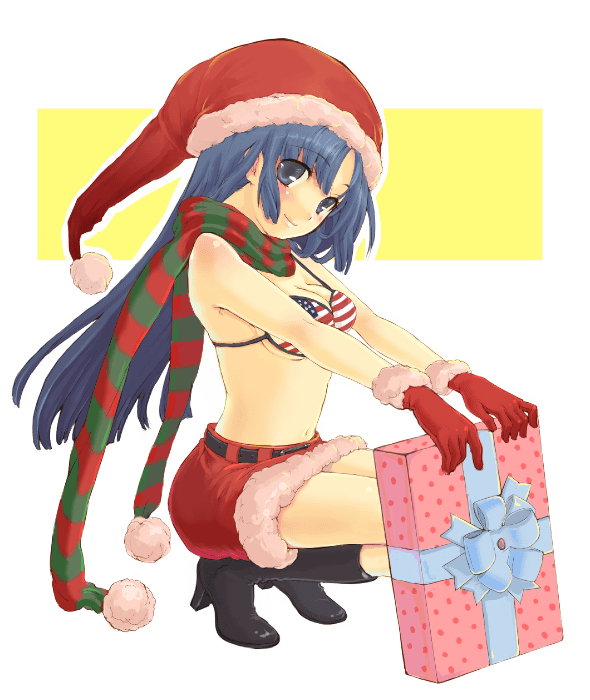 tomako, asakura ryoko, suzumiya haruhi no yuuutsu, 00s, 1girl, american flag, american flag bikini, american flag print, bikini, bikini top only, black boots, blue eyes, blue hair, boots, christmas, female focus, flag print, flag print bikini, full body, gift, gloves, hat, head tilt, high heel boots, high heels, holding, holding gift, long hair, looking at viewer, matching hair/eyes, multicolored scarf, pencil skirt, pom pom (clothes), print bikini, red gloves, santa bikini, santa costume, santa hat, scarf, simple background, skirt, solo, squatting, striped clothes, striped scarf, swimsuit, thighhighs