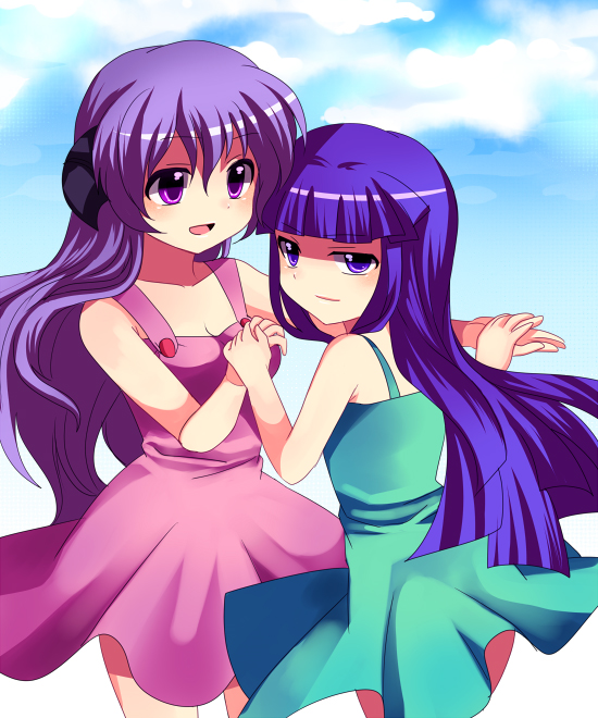 subaru (yachika), furude rika, hanyuu, higurashi no naku koro ni, striped, 00s, 2girls, :d, blue dress, blue sky, blunt bangs, collarbone, day, dress, evil smile, green skirt, multiple girls, open mouth, pink dress, purple eyes, purple hair, skirt, sky, sleeveless, sleeveless dress, smile, sundress, vertical stripes