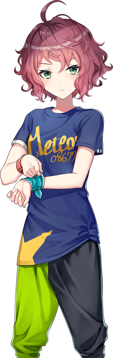 shirako miso, miyaji mahoro, cue!, highres, official art, 1girl, ahoge, black pants, blue shirt, blush, breasts, closed mouth, cowboy shot, english text, green eyes, green pants, hair between eyes, huge ahoge, looking at viewer, numbered, pants, pink hair, shirt, short hair, short sleeves, simple background, small breasts, solo, standing, t-shirt, tachi-e, transparent background, tsurime, two-tone pants, v-shaped eyebrows, wavy hair, wristband