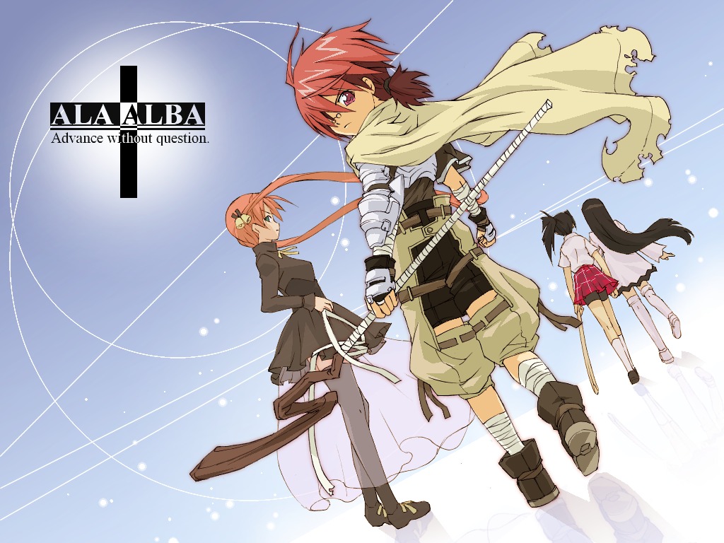 haruka shiya, kagurazaka asuna, konoe konoka, negi springfield, sakurazaki setsuna, mahou sensei negima!, black legwear, 00s, 1boy, 3girls, black hair, cape, dutch angle, floating hair, from behind, long hair, multiple girls, orange hair, pantyhose, pleated skirt, ponytail, red skirt, ribbon, scarf, sheath, sheathed, skirt, standing, sword, thighhighs, twintails, very long hair, walking, weapon, wind