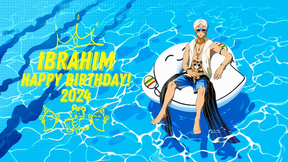 mosako, ibrahim (nijisanji), nijisanji, commentary request, 1boy, barefoot, birthday glasses, blue male swimwear, dark-skinned male, dark skin, dated, english text, floating, full body, holding, holding stuffed toy, hood, hoodie, innertube, jewelry, male focus, male swimwear, necklace, open clothes, open hoodie, pool, solo, stuffed toy, swim ring, swim trunks, virtual youtuber, white hoodie
