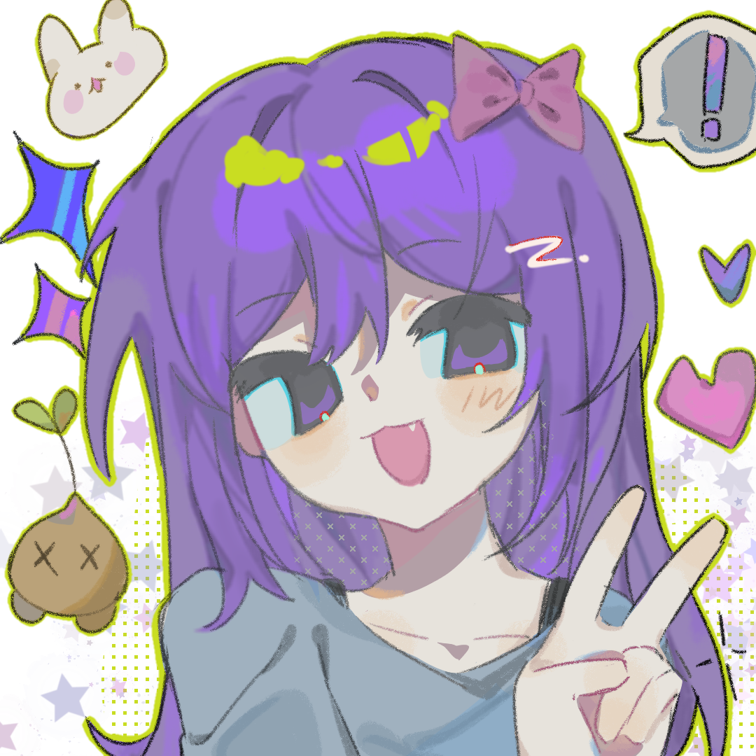 aubrey (headspace) (omori), aubrey (omori), forest bunny (omori), sprout mole, omori, chinese commentary, commentary request, !, 1girl, :3, :d, animal, blue shirt, blush, bow, double-parted bangs, fang, film grain, hair between eyes, hair bow, halftone, halftone background, hand up, heart, konisana, leaf, long hair, looking at viewer, open mouth, outline, pink bow, portrait, purple eyes, purple hair, rabbit, shirt, simple background, smile, solo, sparkle, spoken exclamation mark, star (symbol), star symbol background, straight hair, v, white background, white rabbit (animal), x x, yellow outline