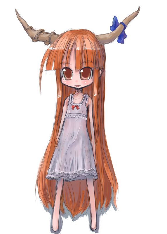 tao, tao (kadoya), ibuki suika, touhou, jpeg artifacts, 1girl, blunt bangs, chibi, female focus, horns, lingerie, long hair, nightgown, orange eyes, orange hair, simple background, solo, underwear, very long hair, white background