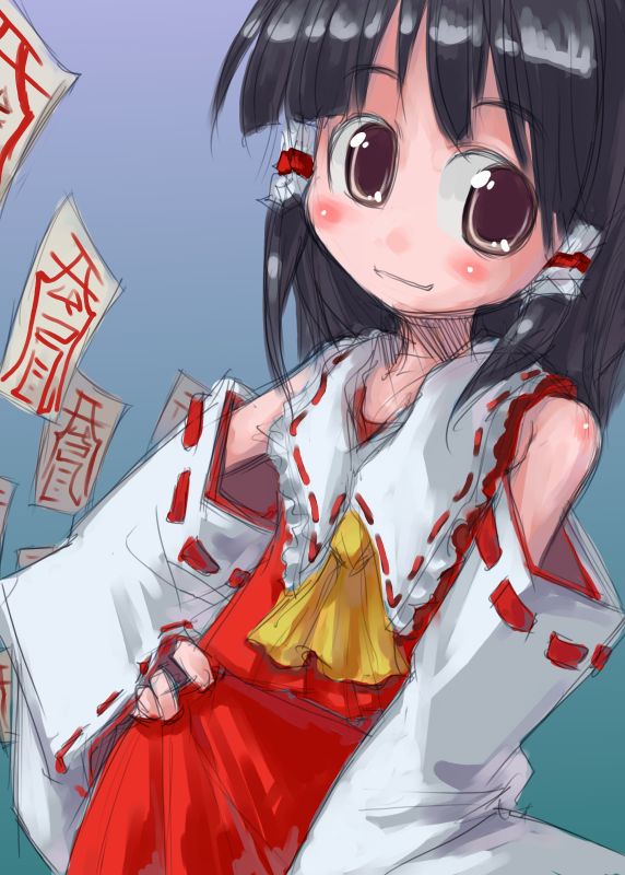 tao, tao (kadoya), hakurei reimu, touhou, 1girl, ascot, black hair, blush, brown hair, collar, detached sleeves, female focus, frills, long sleeves, looking at viewer, ribbon-trimmed sleeves, ribbon trim, smile, solo