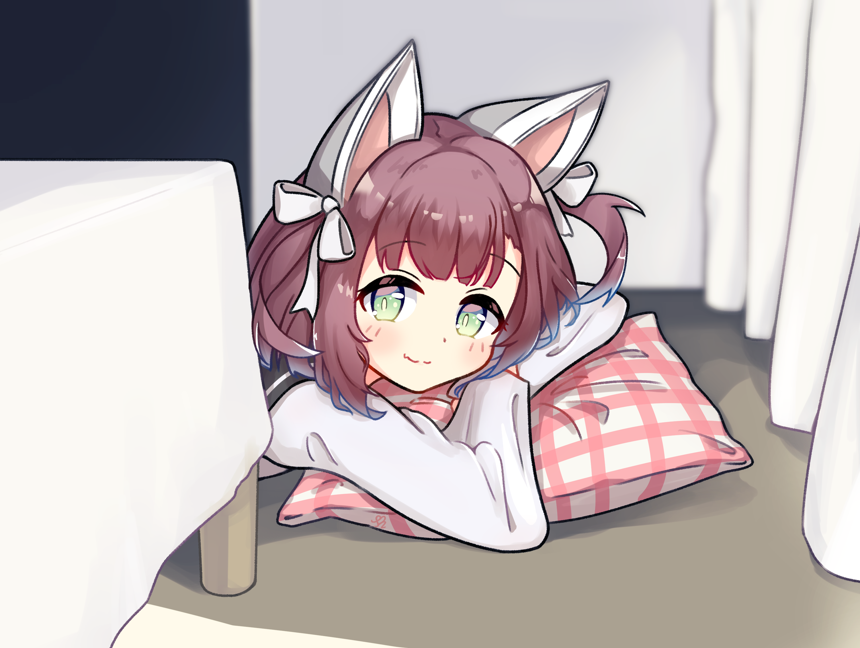 ph painter, shiratsuyu (azur lane), azur lane, highres, 1girl, animal ears, black sailor collar, blush, brown hair, curtains, dog ears, from side, green eyes, head on pillow, indoors, light smile, long sleeves, looking at viewer, lying, on ground, on stomach, pillow, ribbon, sailor collar, school uniform, serafuku, shirt, solo, table, twintails, white ribbon, white shirt