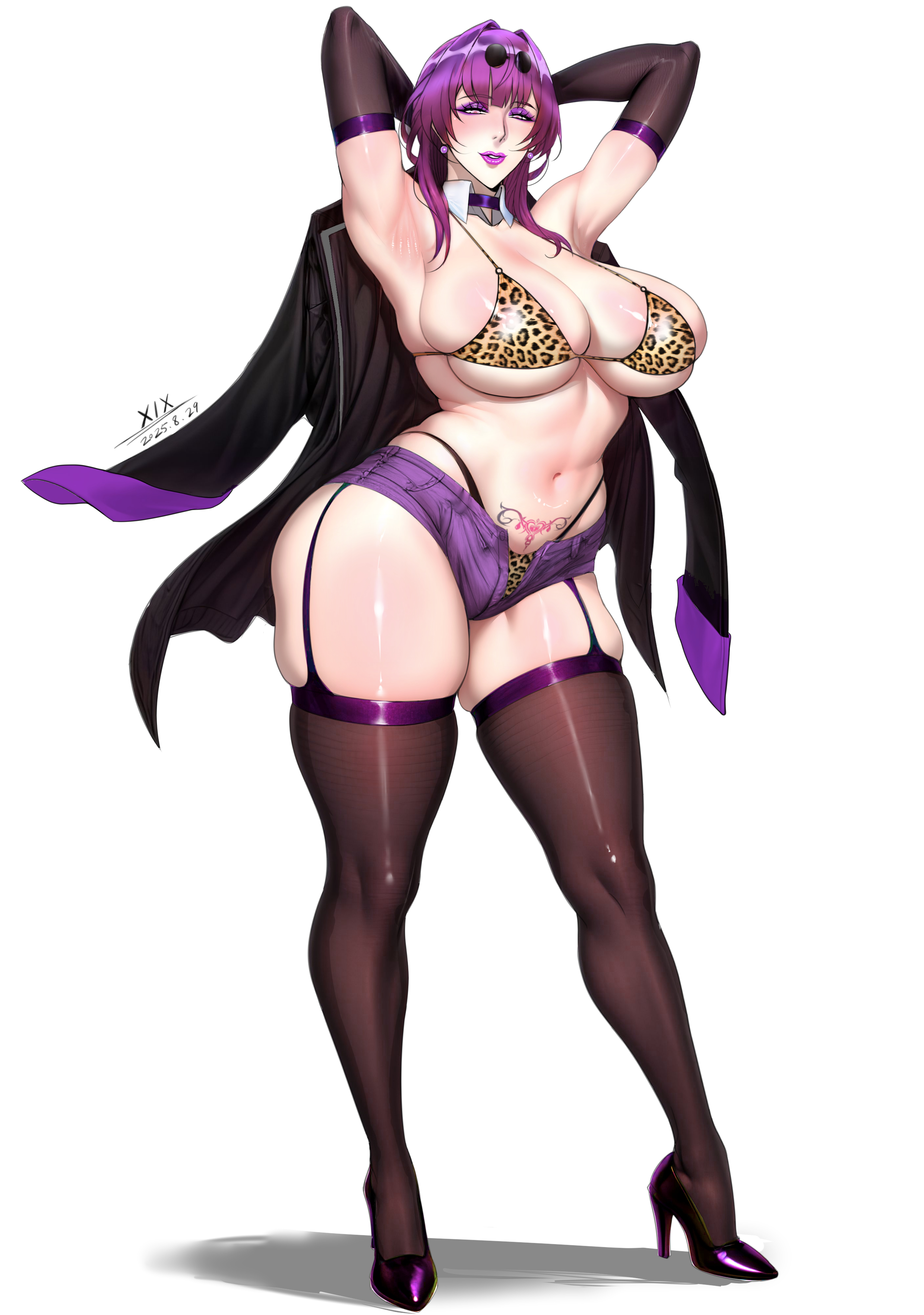 xlx, honkai (series), highres, 1girl, animal print, areola slip, armpits, arms behind head, arms up, bikini, blush, breasts, curvy, earrings, elbow gloves, eyewear on head, full body, garter straps, gloves, high heels, highleg, jacket, jewelry, kafka (honkai star rail), large breasts, leopard print, lipstick, looking at viewer, makeup, mature female, micro shorts, navel, open fly, pubic tattoo, purple-tinted eyewear, purple eyes, purple hair, purple lips, round eyewear, shiny skin, short shorts, shorts, simple background, skindentation, solo, standing, stomach, sunglasses, swimsuit, tattoo, thick thighs, thighhighs, thighs, thong, tinted eyewear, white background
