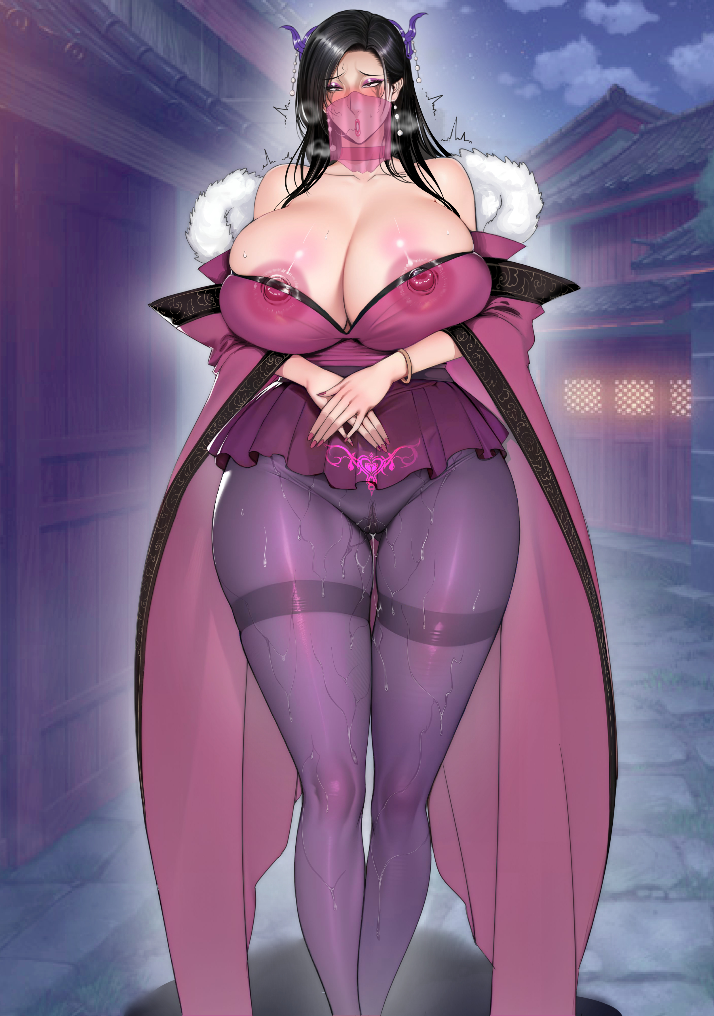 xlx, highres, 1girl, bare shoulders, black hair, blush, bracelet, breasts, cleavage, curvy, earrings, female pubic hair, horns, huge breasts, jewelry, long hair, looking at viewer, mole, mouth veil, night, nipple piercing, nipple rings, nipples, pantyhose, piercing, pubic hair, pubic tattoo, pussy juice, see-through clothes, solo, standing, sweat, tattoo, thigh gap, thighband pantyhose, veil