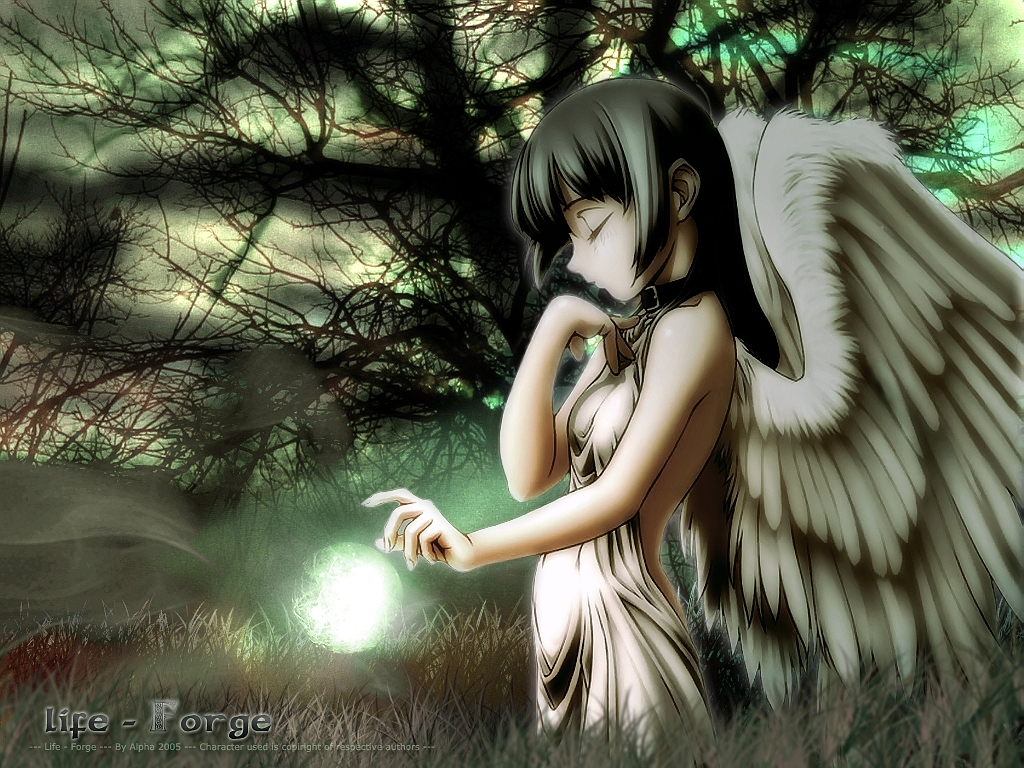tomomimi shimon, angel wings, closed eyes, collar, dark, forest, nature, solo, watermark, wings
