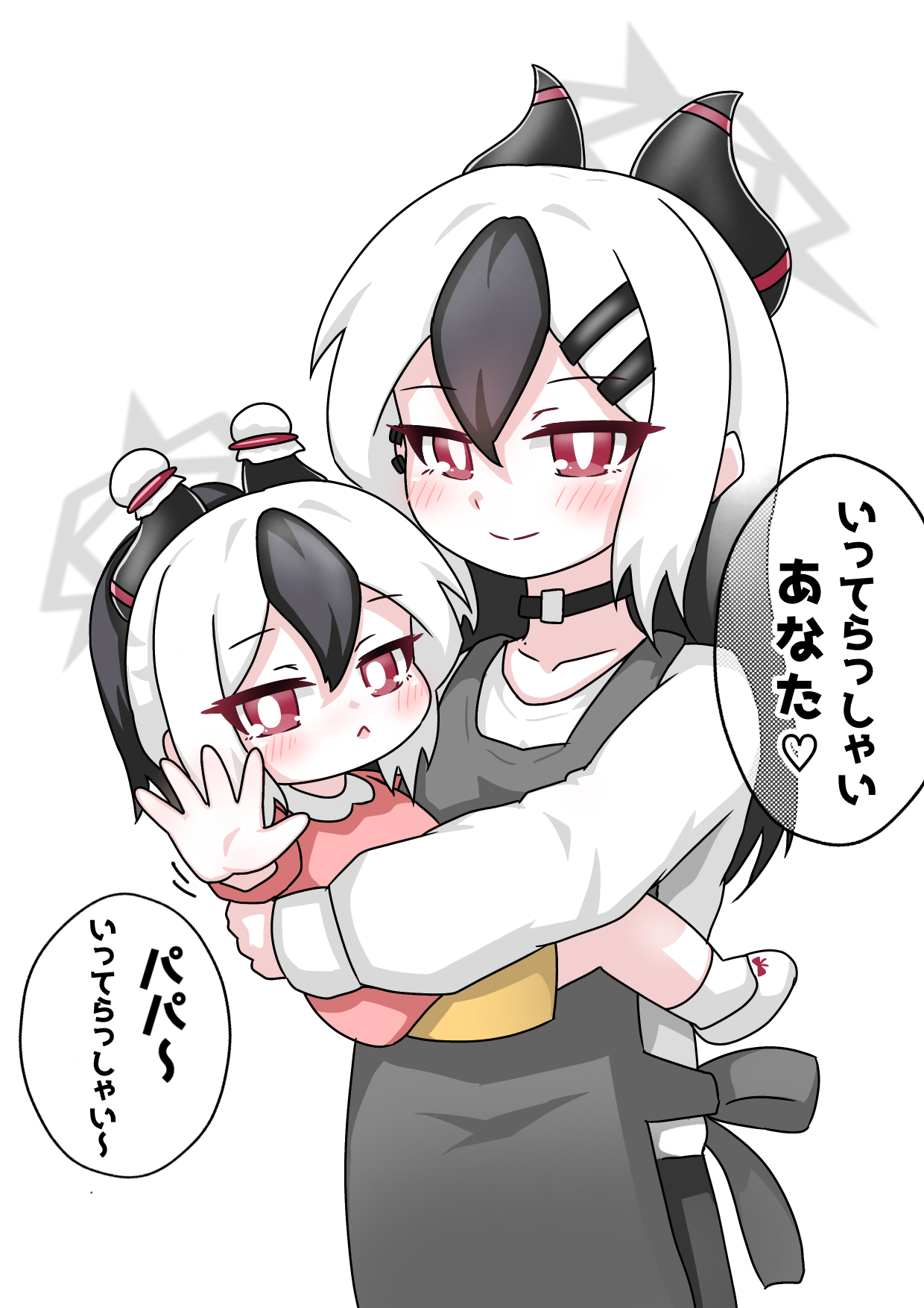 tomimon, kayoko (blue archive), blue archive, commentary request, highres, translation request, 2girls, apron, black choker, black hair, blush, brown skirt, choker, closed mouth, collarbone, ear piercing, gradient hair, grey apron, hair between eyes, hair ornament, hairclip, halo, horn cover, horns, if they mated, long sleeves, mother and daughter, multicolored hair, multiple girls, parted lips, piercing, pink shirt, ponytail, puffy long sleeves, puffy sleeves, red eyes, shirt, simple background, skirt, smile, standing, two-tone hair, white background, white hair, white shirt