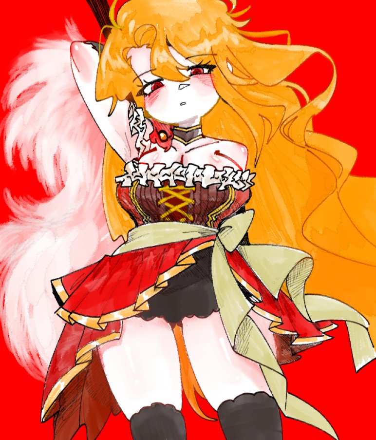 don quixote (project moon), sancho (project moon), limbus company, project moon, 1girl, alternate costume, arm up, armpits, bare shoulders, black choker, black thighhighs, blonde hair, breasts, choker, cleavage, corset, feather boa, frilled shirt, frills, large breasts, long hair, looking at viewer, red background, red corset, red eyes, red skirt, sash, shirt, simple background, skirt, solo, standing, thighhighs, udiedguy, upper body, yellow sash