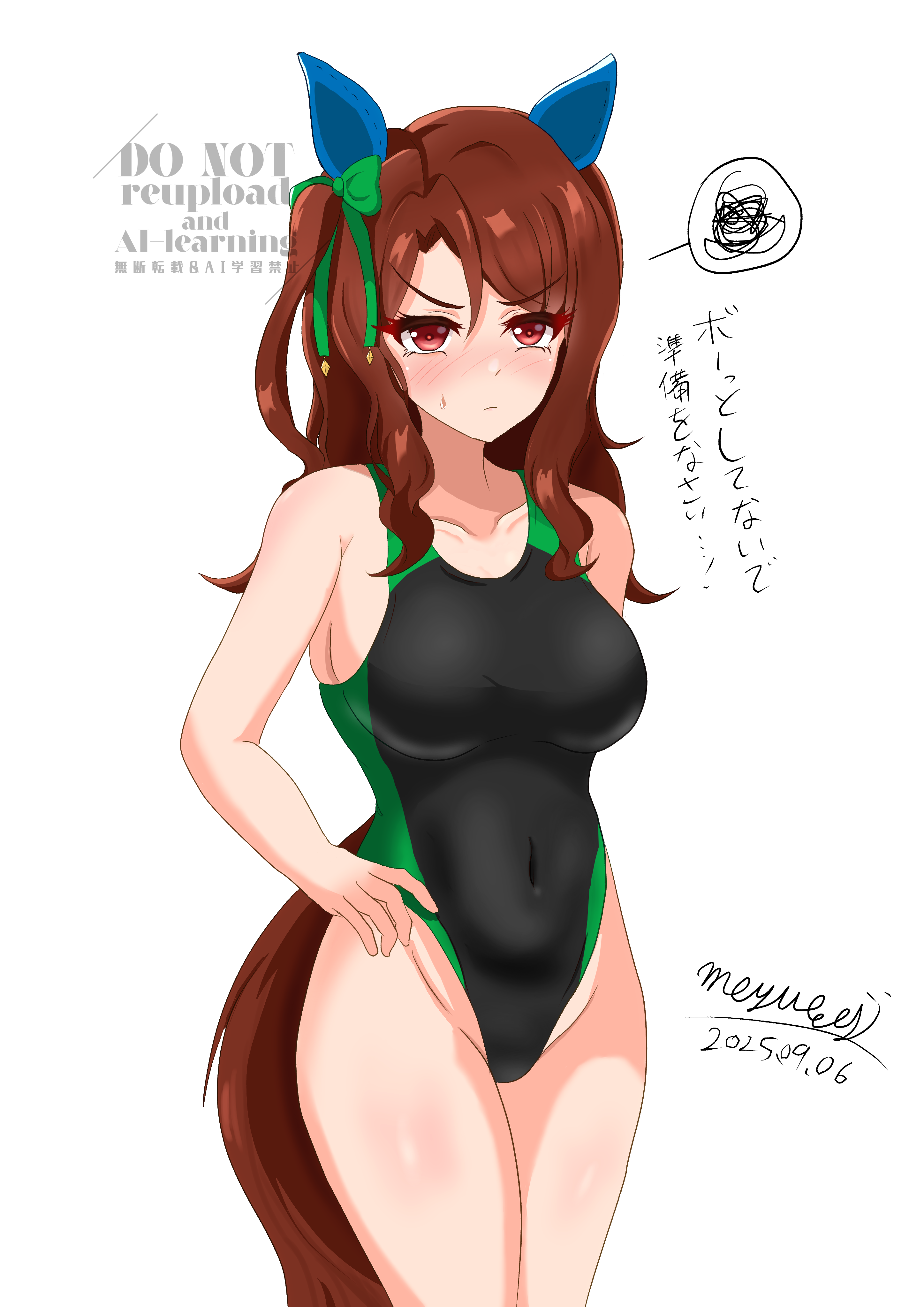 king halo (umamusume), umamusume, absurdres, highres, 1girl, animal ears, bare shoulders, black one-piece swimsuit, blush, bow, breasts, brown hair, closed mouth, collarbone, competition school swimsuit, competition swimsuit, covered navel, ear bow, ear covers, ear ribbon, green bow, green one-piece swimsuit, hitokusoru623hs, horse ears, horse girl, horse tail, long hair, looking at viewer, medium breasts, navel, one-piece swimsuit, red eyes, school swimsuit, simple background, solo, sweatdrop, swimsuit, tail, white background