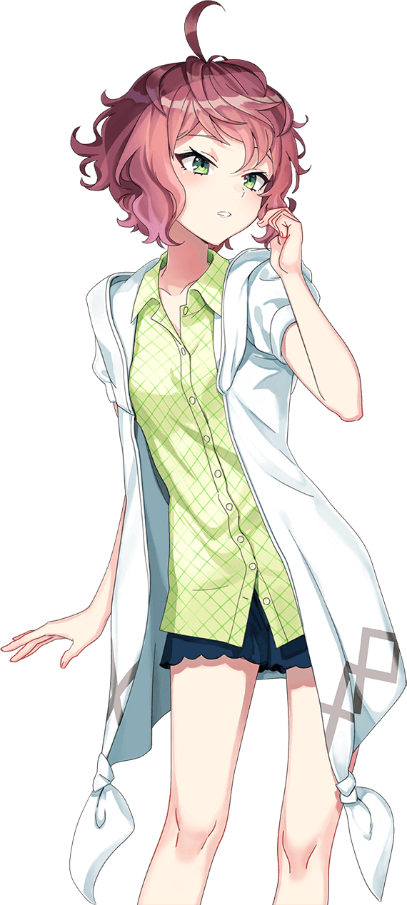 shirako miso, miyaji mahoro, cue!, highres, official art, 1girl, ahoge, blush, breasts, collarbone, collared shirt, cowboy shot, green eyes, green shirt, green shorts, hair between eyes, hand in own hair, hand up, hood, hood down, hoodie, huge ahoge, open clothes, open hand, open hoodie, parted lips, pink hair, plaid clothes, plaid shirt, shirt, short hair, short shorts, short sleeves, shorts, simple background, small breasts, solo, standing, tachi-e, transparent background, tsurime, wavy hair, white hood, white hoodie