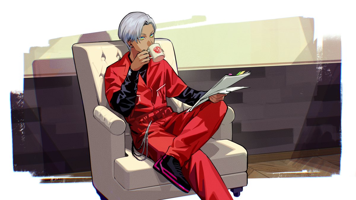 mosako, ibrahim (nijisanji), nijisanji, commentary request, 1boy, black shirt, black shoes, chair, crossed legs, cup, dark-skinned male, dark skin, green eyes, grey hair, holding, holding cup, holding paper, jumpsuit, long sleeves, looking to the side, male focus, mug, paper, reading, red jumpsuit, shirt, shoes, sitting, solo, virtual youtuber