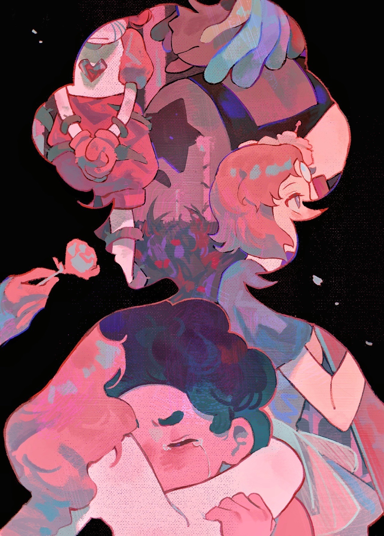 a-kai202, bismuth (steven universe), pearl (steven universe), pink diamond (steven universe), rose quartz universe, spinel (steven universe), steven quartz universe, steven universe, highres, black hair, chest jewel, closed eyes, colored skin, crying, flower, forehead jewel, gem, gloves, grey skin, hair flower, hair ornament, holding, holding flower, hug, pearl (gemstone), pearl (original form) (steven universe), pink gloves, puffy short sleeves, puffy shorts, puffy sleeves, rose, short hair, short sleeves, shorts, silhouette