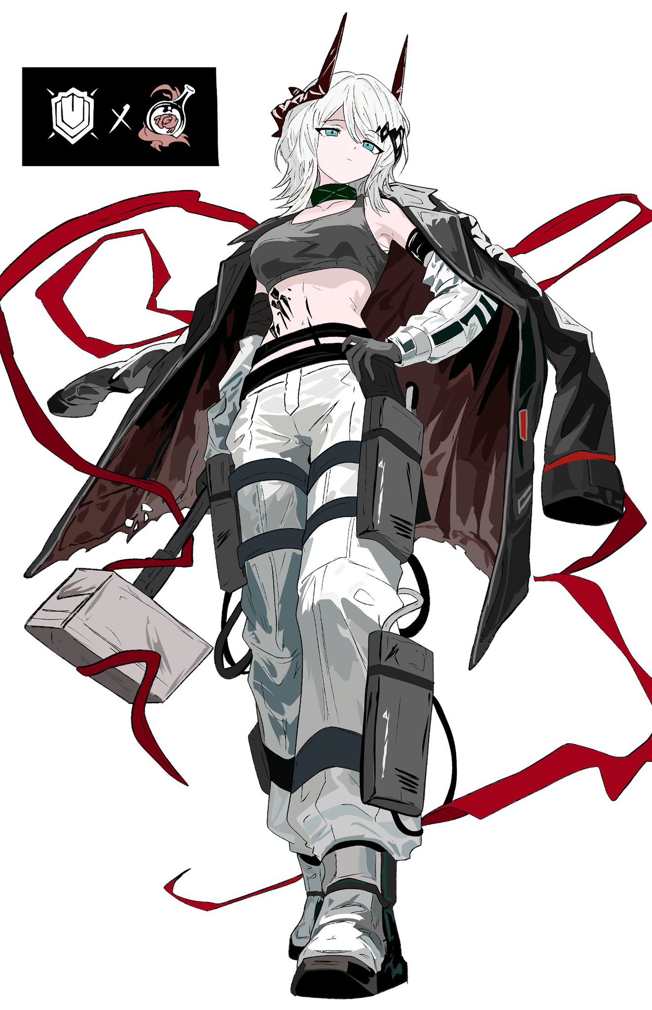 218 (niiya), faust (project moon), mudrock (arknights), arknights, limbus company, project moon, highres, 1girl, bare shoulders, black choker, black coat, black sports bra, blue eyes, breasts, choker, closed mouth, coat, coat on shoulders, cosplay, detached sleeves, full body, holding, holding weapon, horns, large breasts, looking at viewer, material growth, midriff, mudrock (arknights) (cosplay), pants, red ribbon, ribbon, shoes, short hair, simple background, solo, sports bra, standing, weapon, white background, white hair, white pants, white shoes