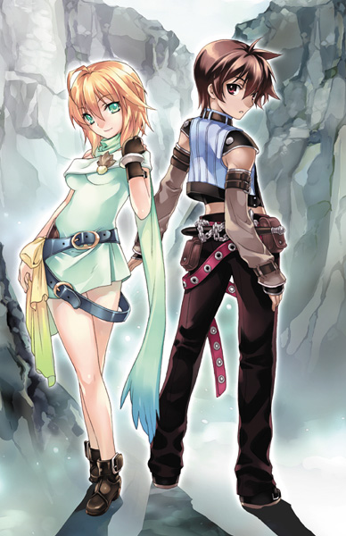 kousaki rui, 1boy, 1girl, belt, blonde hair, boots, brown hair, couple, green eyes, hetero, red eyes, scarf, short hair, spiked hair