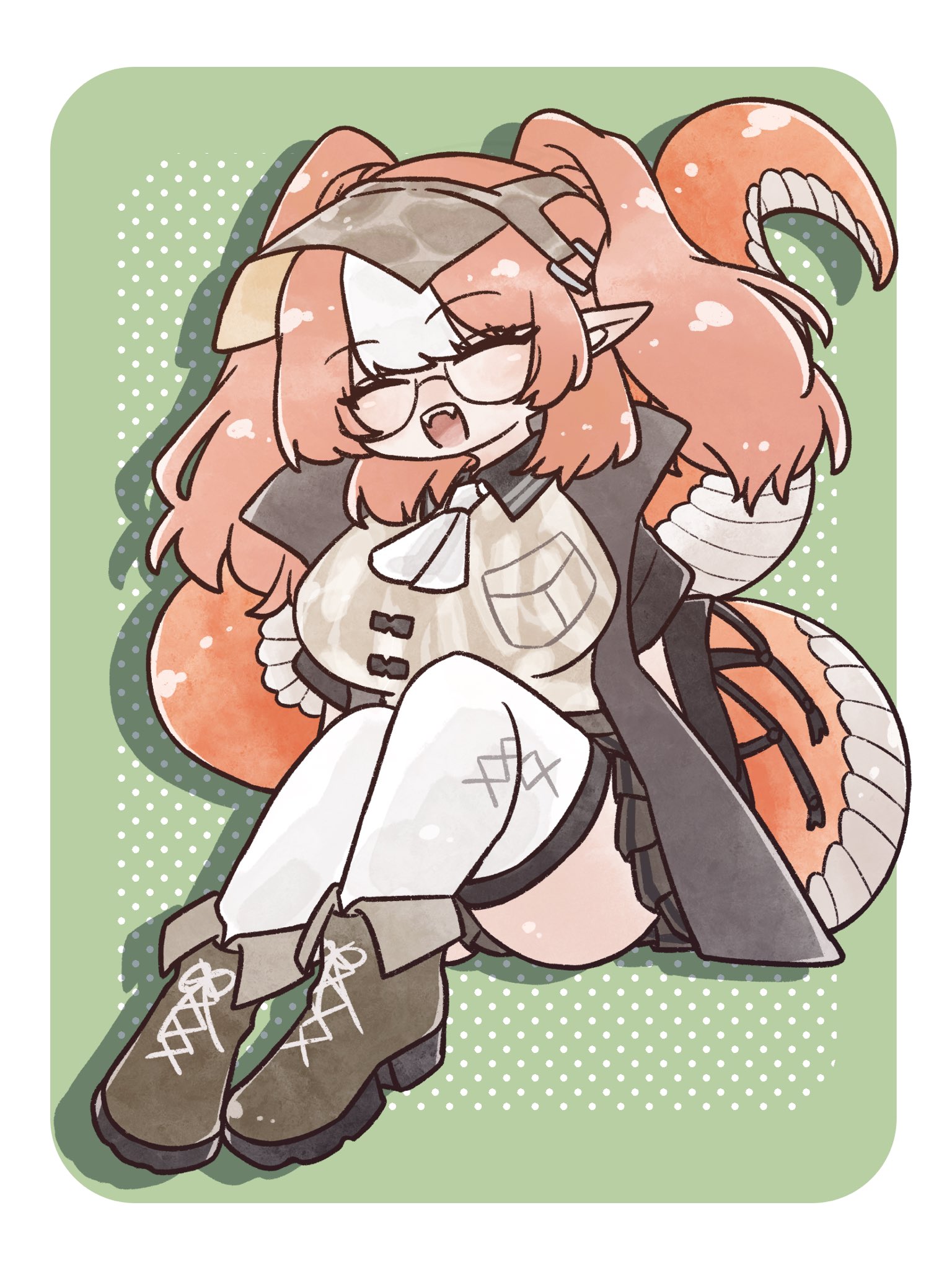 nunnuje a u e, wulfenite (arknights), arknights, commentary request, highres, 1girl, boots, breasts, closed eyes, fangs, glasses, gloves, jacket, large breasts, long hair, multicolored hair, open mouth, orange hair, pointy ears, reptile girl, semi-rimless eyewear, skirt, smile, snake tail, solo, tail, teeth, thick tail, thighhighs, under-rim eyewear, upper teeth only, visor cap, white hair, white thighhighs, zettai ryouiki