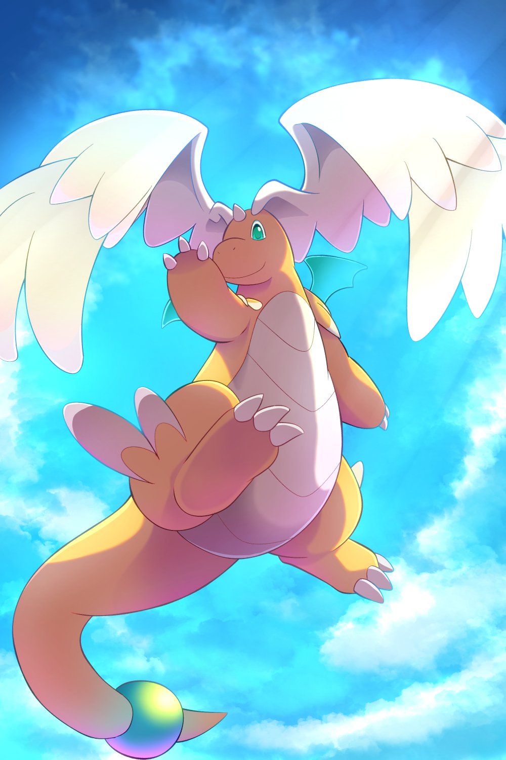 rumine (yoshi1234567), dragonite, mega dragonite, nintendo, pokemon, highres, blue sky, claws, colored skin, day, feathered wings, gen 1 pokemon, green eyes, head wings, horns, looking at viewer, mega evolution, no humans, orange skin, outdoors, pokemon (creature), single horn, sky, solo, tail, white wings, wings
