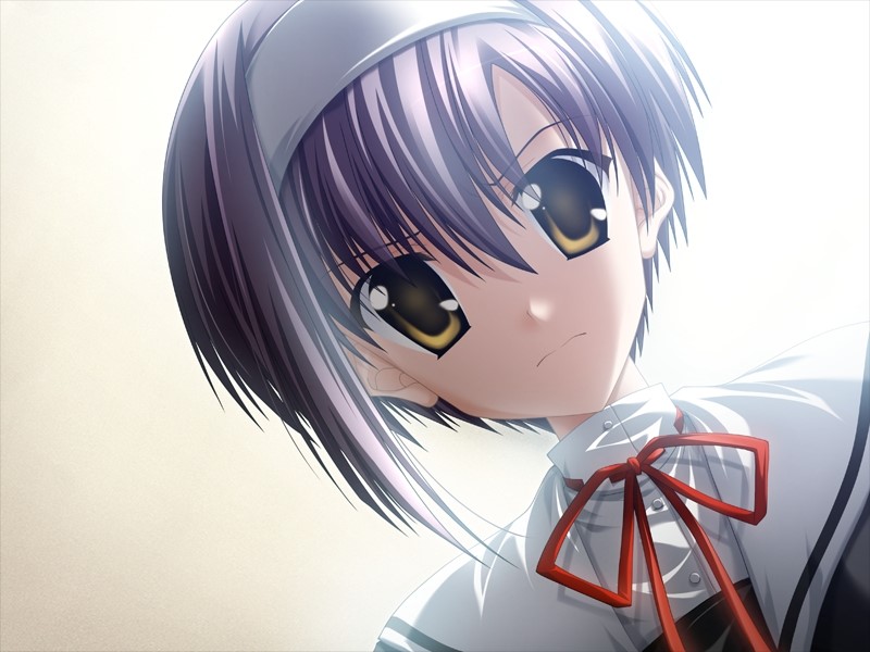 nanao naru, shindou kei (ef), ef (visual novel), game cg, >:(, 00s, 1girl, asymmetrical hair, brown background, closed mouth, dutch angle, female focus, frown, gradient background, hair between eyes, hairband, neck ribbon, portrait, purple hair, red ribbon, ribbon, school uniform, serafuku, short hair, solo, v-shaped eyebrows, yellow eyes