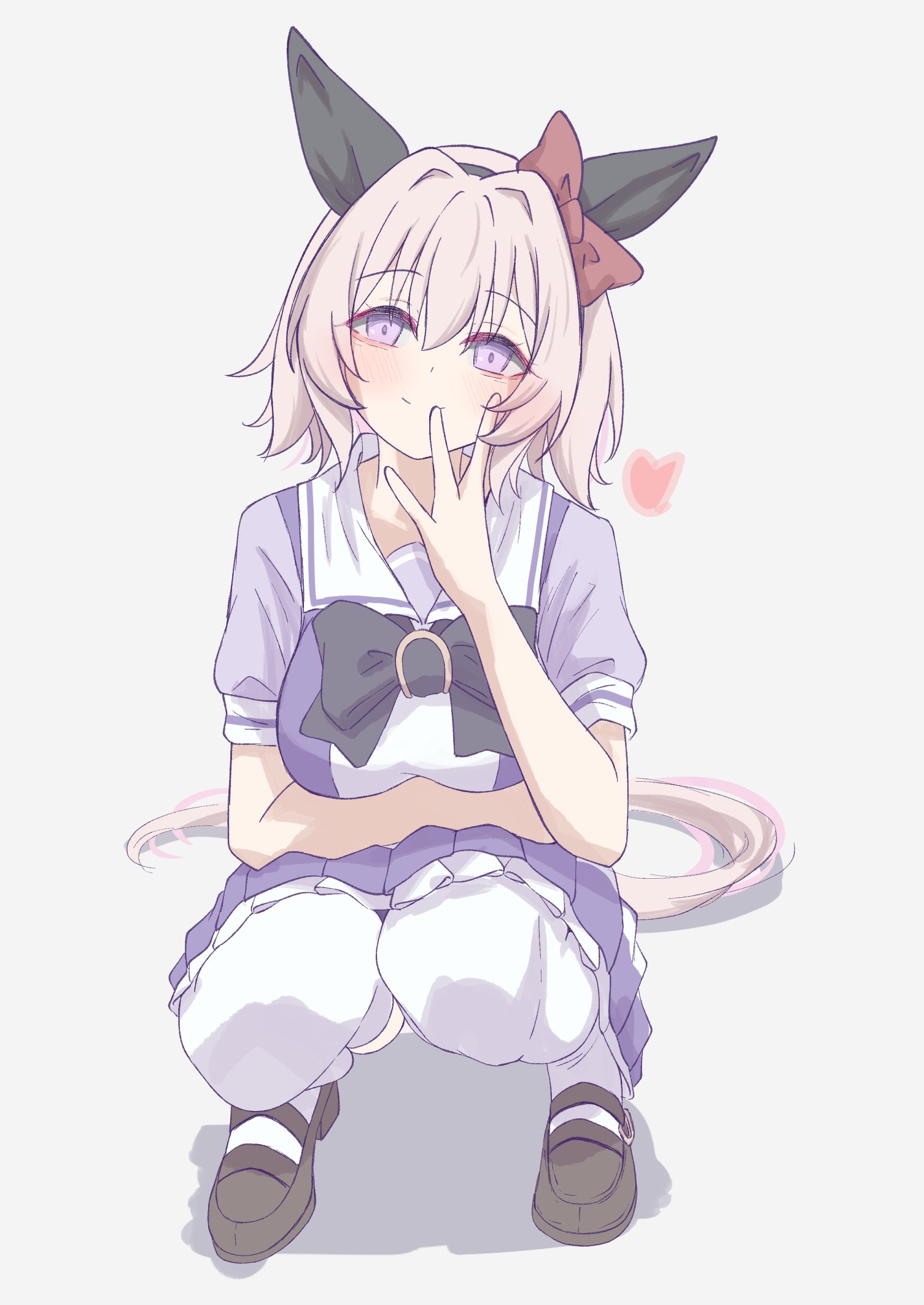 tofu thunder, curren chan (umamusume), umamusume, highres, 1girl, animal ears, black bow, blush, bow, breasts, closed mouth, ear bow, ear covers, ear ornament, grey hair, hair between eyes, heart, horse ears, horse girl, horse tail, large breasts, looking at viewer, puffy short sleeves, puffy sleeves, purple eyes, purple sailor collar, purple serafuku, purple shirt, purple skirt, red bow, sailor collar, sailor shirt, school uniform, serafuku, shirt, shoes, short hair, short sleeves, simple background, skirt, smile, solo, squatting, tail, thighhighs, tracen school uniform, white sailor collar, white skirt, white thighhighs