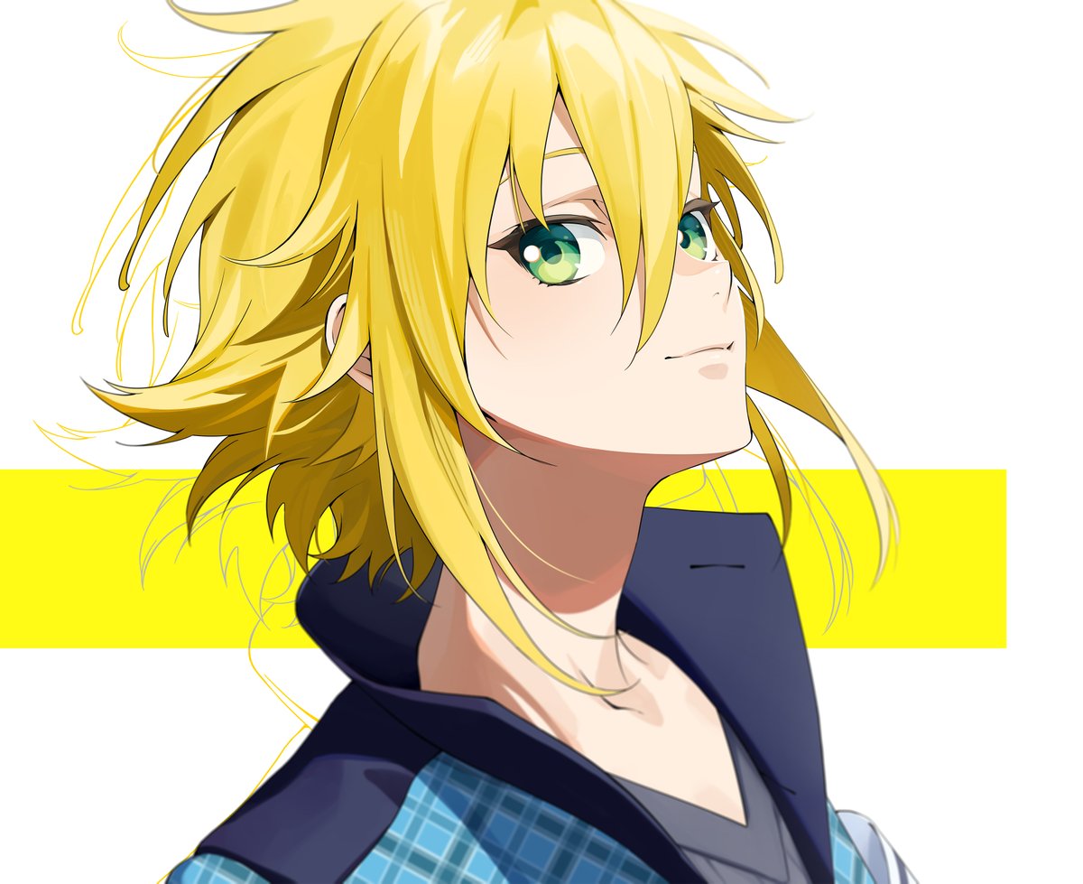 mosako, uzuki kou, uzuki kou (1st costume), nijisanji, commentary request, 1boy, blonde hair, blue jacket, green eyes, grey shirt, jacket, looking at viewer, male focus, plaid clothes, plaid jacket, shirt, short hair, sidelocks, smile, solo, two-tone background, upper body, virtual youtuber, white background, yellow background