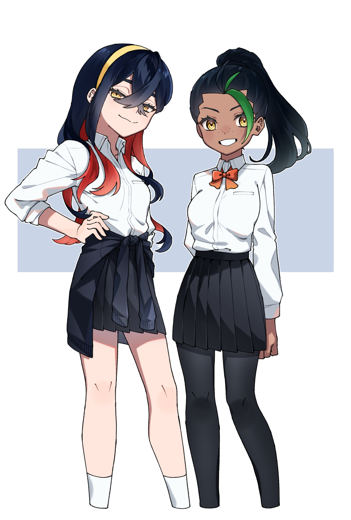 nisanrei121, carmine (pokemon), nemona (pokemon), nintendo, pokemon, pokemon sv, highres, 2girls, black hair, black pantyhose, black skirt, bow, bowtie, breasts, collared shirt, crossed bangs, dark-skinned female, dark skin, freckles, green hair, grin, hair between eyes, hairband, hand on own hip, long hair, long sleeves, looking at viewer, medium breasts, multicolored hair, multiple girls, pantyhose, pleated skirt, ponytail, red bow, red bowtie, red hair, shirt, simple background, skirt, smile, socks, twitter username, two-tone background, white shirt, white socks, yellow eyes, yellow hairband