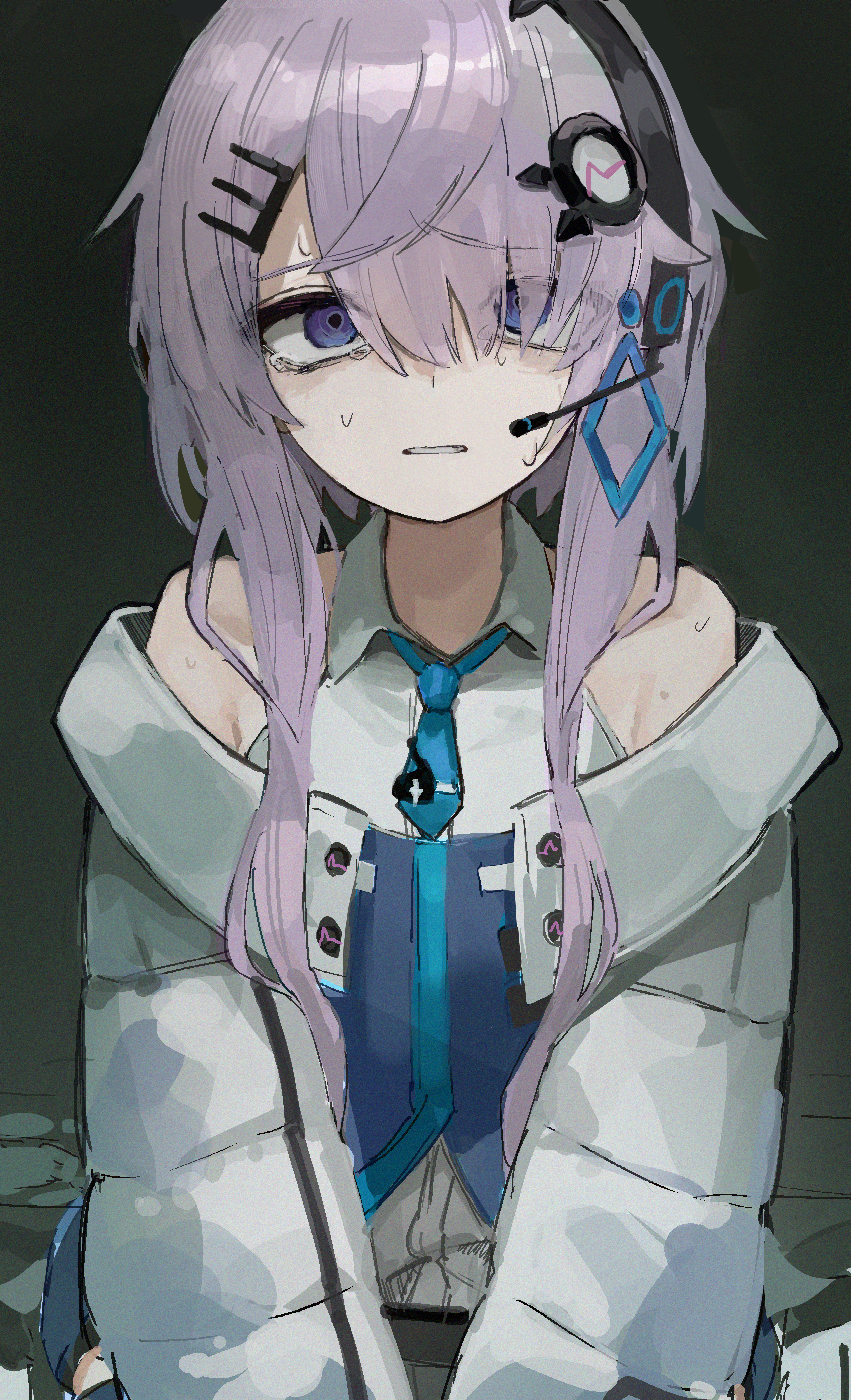 uranosebi, fee (cevio), cevio, absurdres, commission, highres, skeb commission, 1girl, bare shoulders, blue eyes, blue necktie, coat, collared shirt, furrowed brow, hair ornament, hair over one eye, hairclip, headset, long hair, looking at viewer, necktie, nervous sweating, off shoulder, open mouth, purple eyes, ringed eyes, shirt, short necktie, sleeveless, sleeveless shirt, solo, sweat, tearing up, upper body, white coat