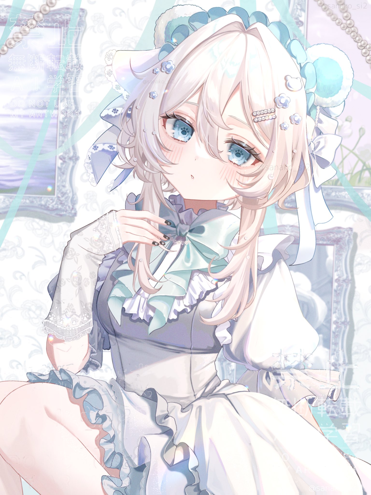 sanashiro mako, original, highres, 1girl, animal ears, aqua bow, black nails, blue eyes, blush, bow, breasts, detached sleeves, dress, hair between eyes, hair bow, hair ornament, hairclip, indoors, long hair, looking at viewer, painting (object), parted lips, short sleeves, solo, white bow, white dress, white hair
