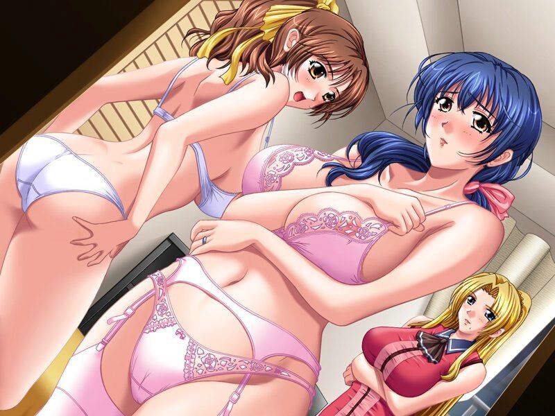 ishihara souka, aiba nanako, morio yuka, torigoe chigusa, 13cm, anata to mita sakura, breast hold, game cg, jpeg artifacts, 3girls, arm between breasts, ass, back, between breasts, blonde hair, blue eyes, blue hair, blush, bra, breasts, brown eyes, brown hair, crossed arms, dutch angle, garter belt, huge breasts, lingerie, multiple girls, nipples, panties, ponytail, thighhighs, underwear, underwear only