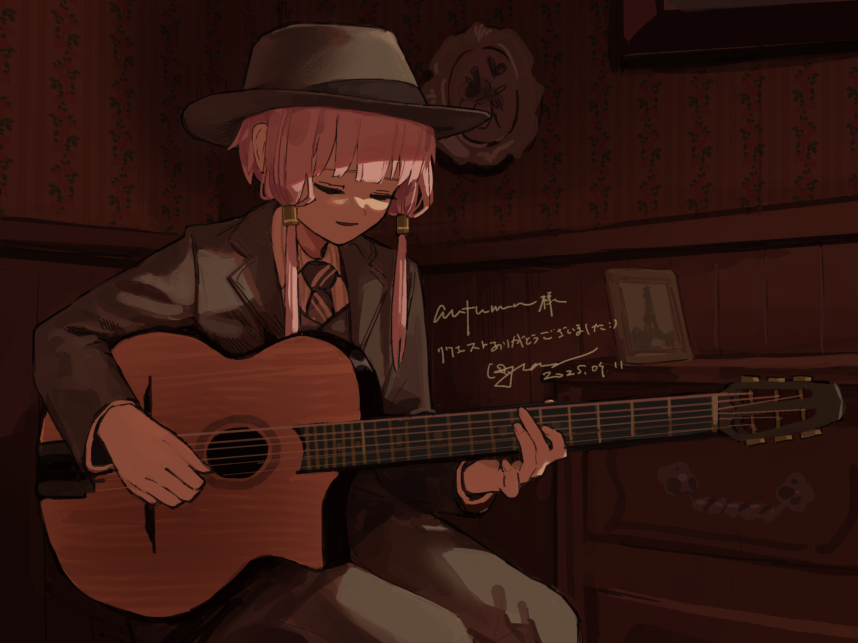 uranosebi, yuzuki yukari, vocaloid, voiceroid, commission, highres, skeb commission, translation request, 1girl, alternate costume, black hat, black jacket, closed eyes, collared shirt, drawer, feet out of frame, guitar, hair tubes, hat, holding, holding guitar, holding instrument, indoors, instrument, jacket, long hair, long sleeves, necktie, open mouth, pants, pink hair, shirt, sidelocks, sitting, solo, vest, white shirt