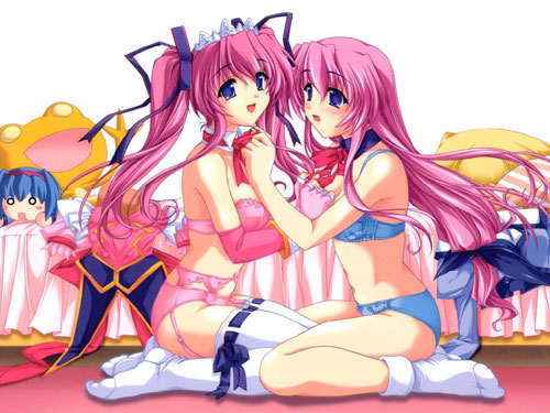 lowres, 2girls, bra, lingerie, multiple girls, panties, thighhighs, underwear, underwear only