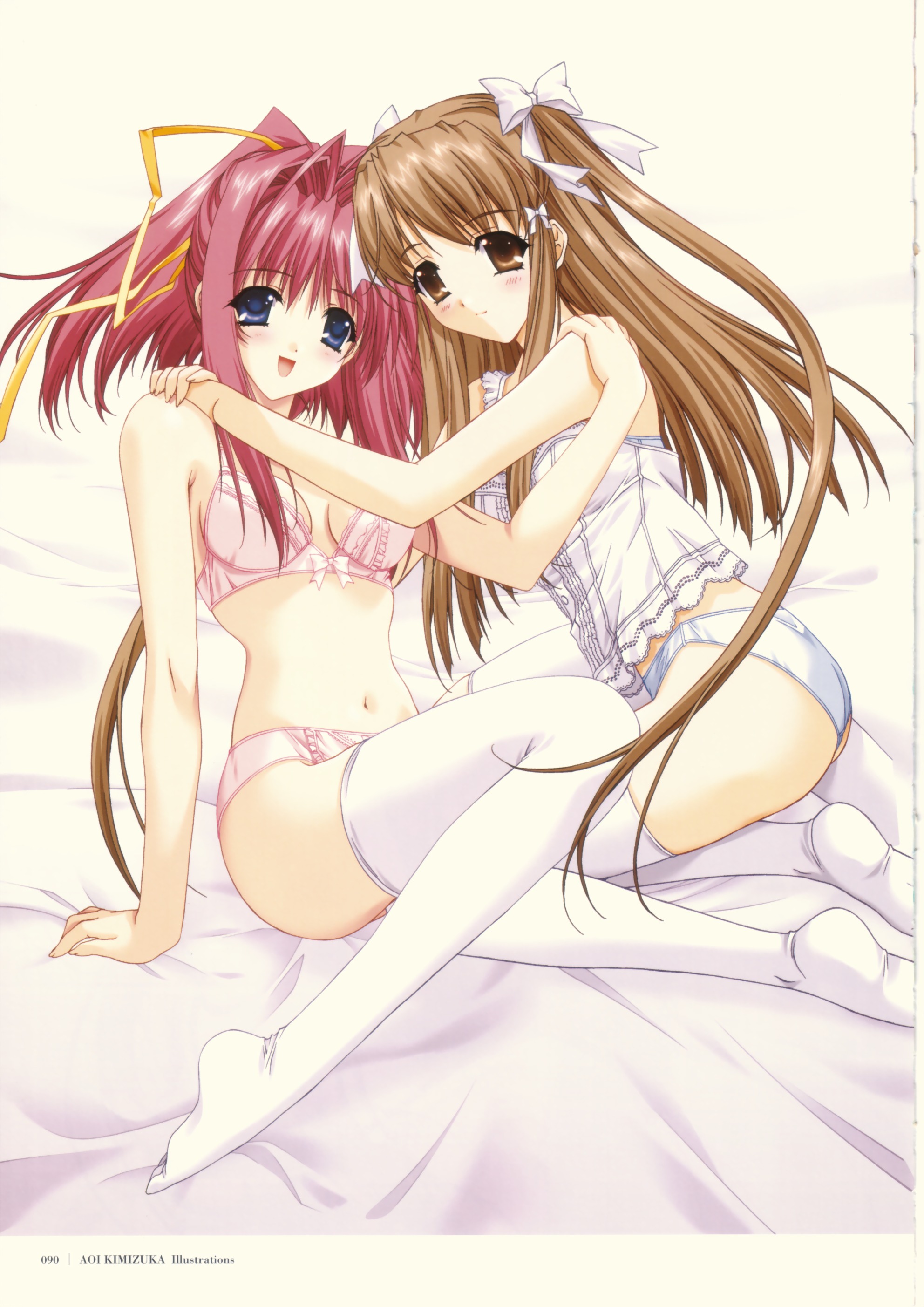 kimizuka aoi, senoo chihogi, yamabuki sayuki, 3ldk, lost passage, white legwear, absurdres, highres, 2girls, bra, crossover, lingerie, multiple girls, panties, thighhighs, underwear, underwear only