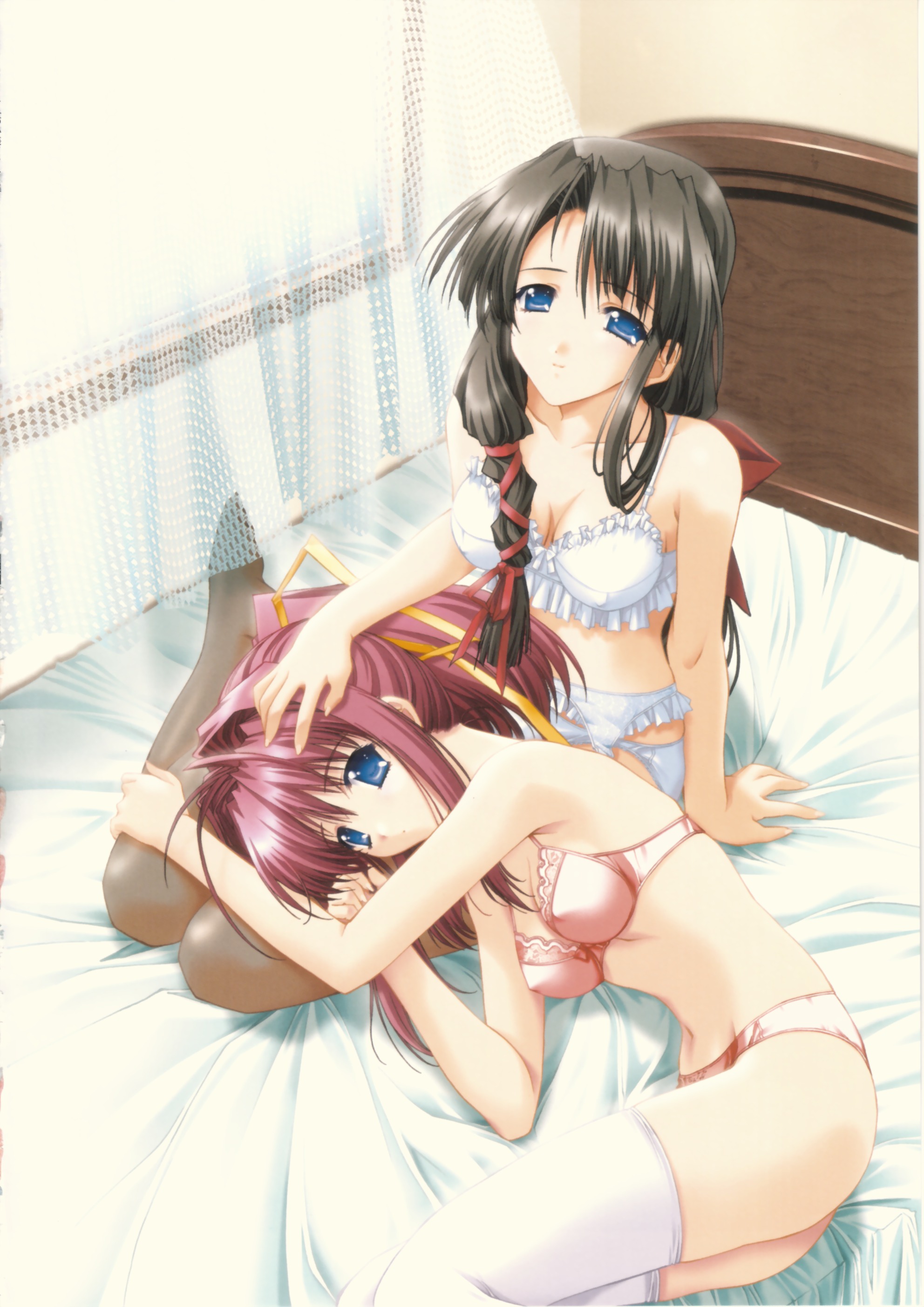 kimizuka aoi, senoh yomogi, senoo chihogi, senoo yomogi, 3ldk, lost passage, absurdres, highres, 2girls, bed, black hair, blue eyes, bra, braid, garter belt, lap pillow, lingerie, long hair, lying, multiple girls, on side, panties, pink hair, pink panties, ponytail, siblings, sisters, smile, thighhighs, underwear, underwear only, white panties, white thighhighs