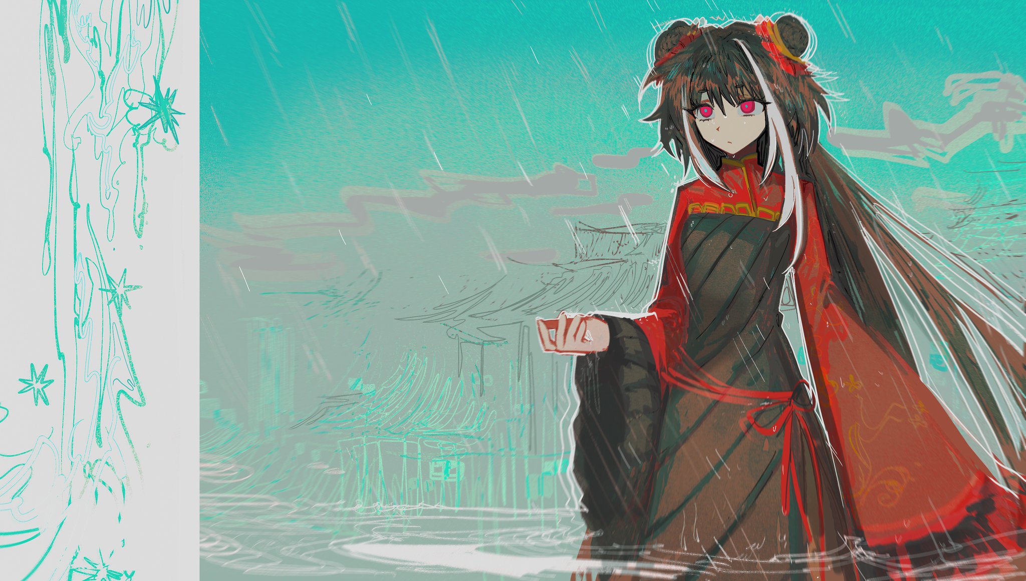 jia xichun (project moon), limbus company, project moon, highres, 1girl, black dress, black hair, blue background, border, chinese clothes, double bun, dress, hair bun, long hair, long sleeves, looking at viewer, multicolored hair, pink eyes, rain, red shrug, rope belt, seasluggll, simple background, solo, standing, streaked hair, twintails, upper body, white border, white streaks