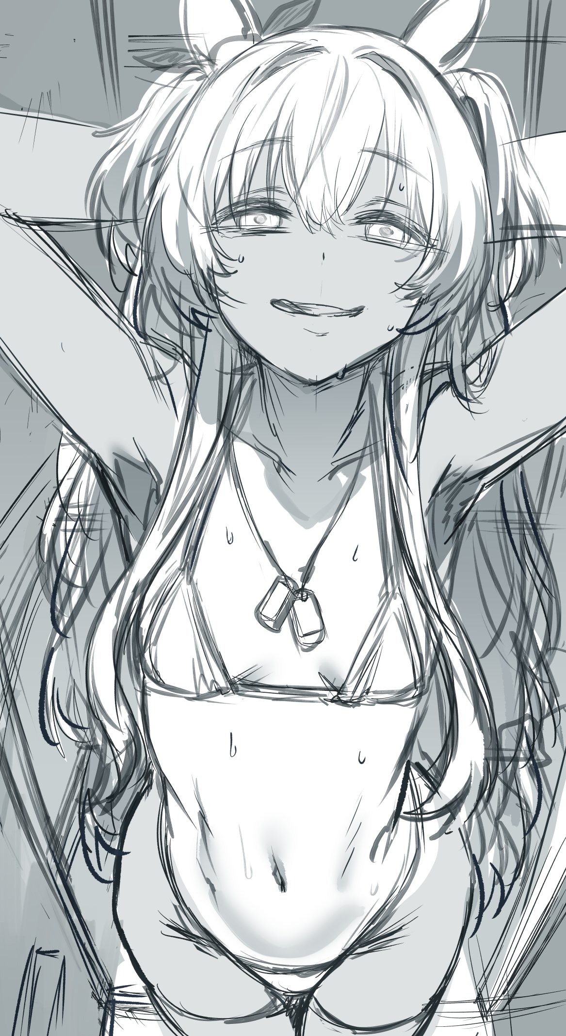 hews, mayano top gun (umamusume), umamusume, commentary, english commentary, highres, unfinished, 1girl, animal ears, armpits, arms up, bow, dog tags, ear ribbon, greyscale, half-closed eyes, horse ears, horse girl, jewelry, long hair, looking at viewer, monochrome, naughty face, navel, necklace, sketch, solo, sweat, tan, tanline, thighs, two side up