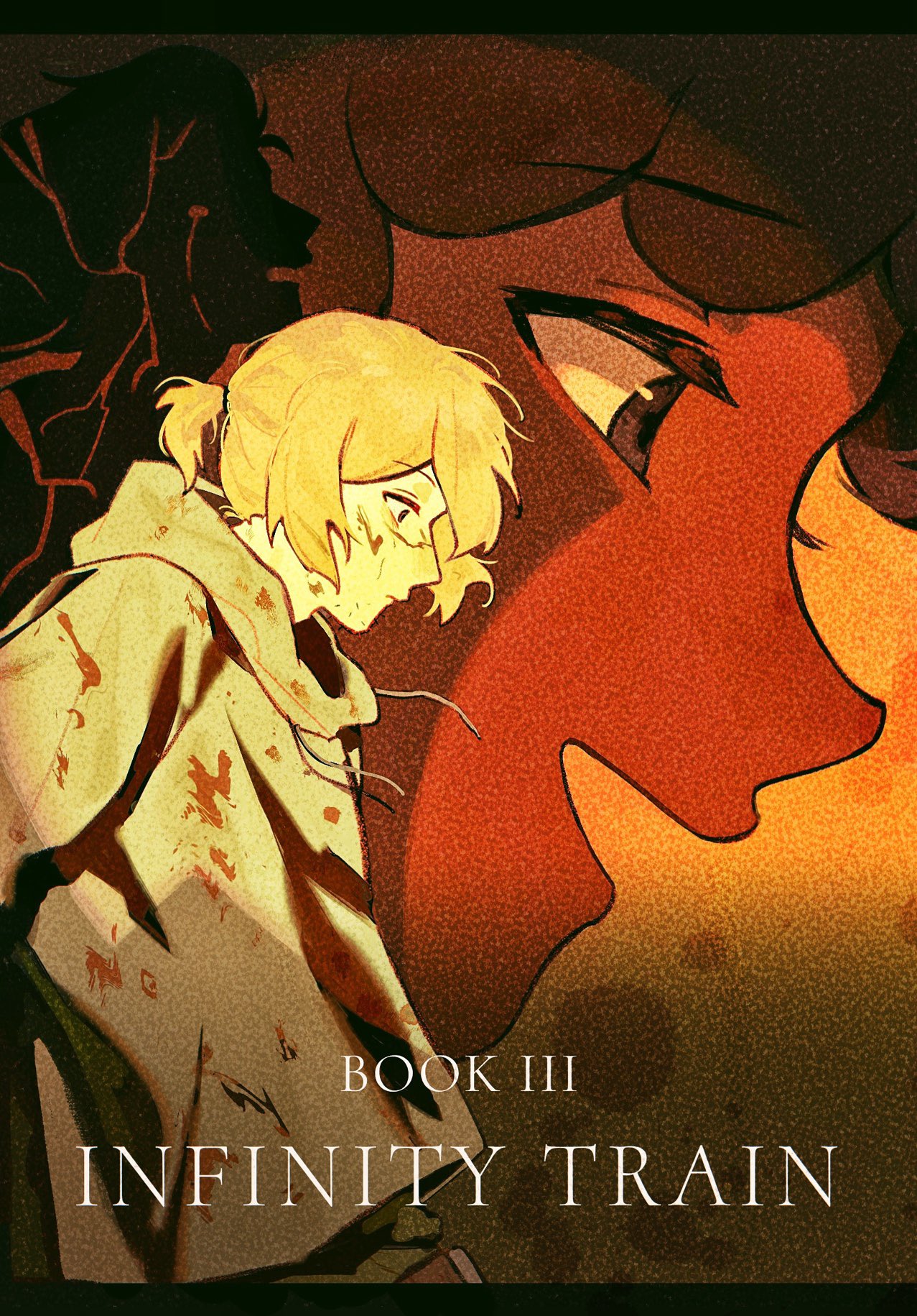 a-kai202, infinity train, chinese commentary, commentary, highres, 1boy, 1girl, black eyes, blonde hair, blood, blood on clothes, blood on face, copyright name, english text, from side, grace monroe, hood, hoodie, ponytail, short ponytail, simon laurent, white hoodie