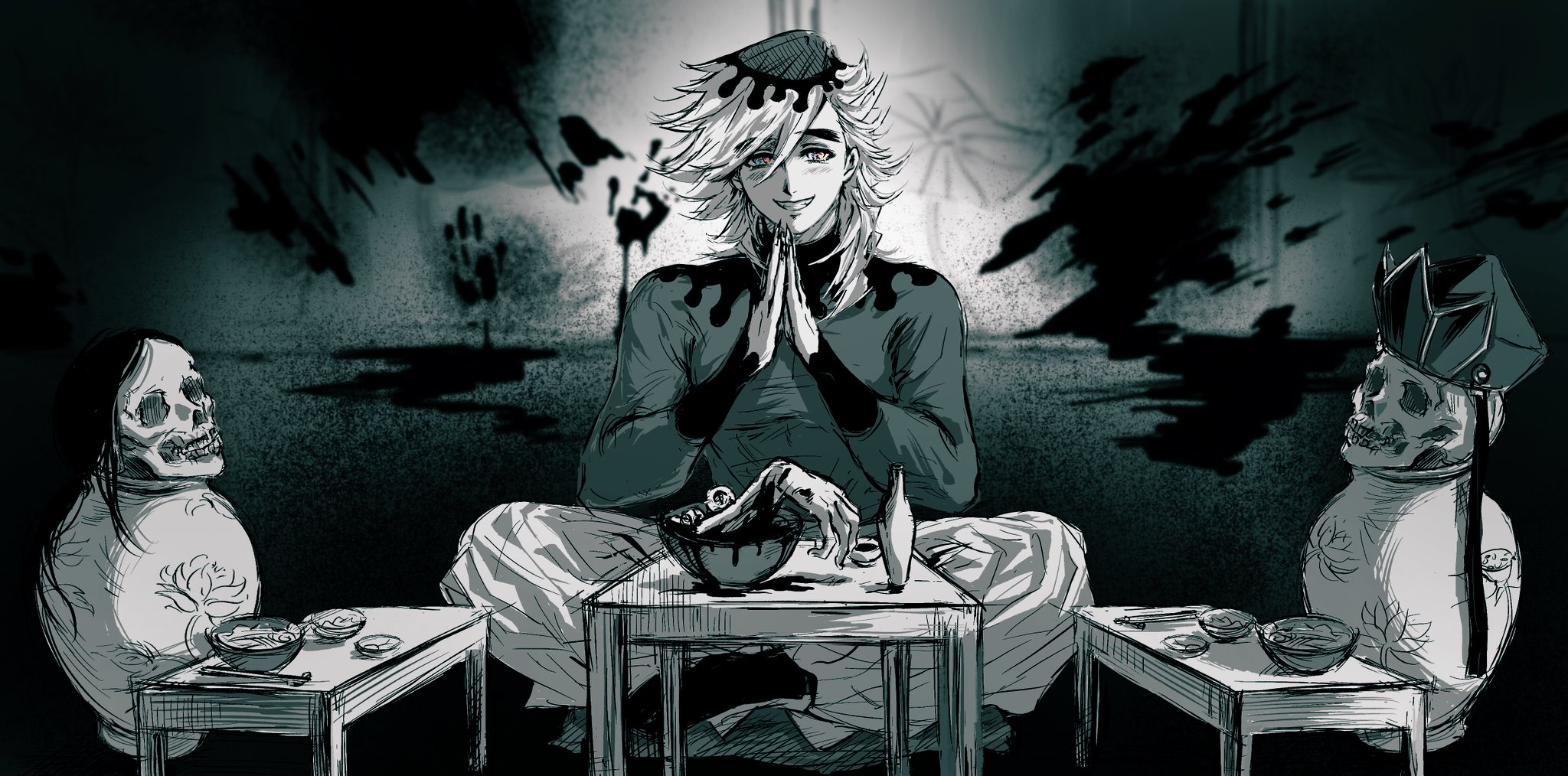 douma (kimetsu no yaiba), kimetsu no yaiba, commentary request, highres, 1boy, blood, blood stain, bloody handprints, butterfly sitting, chopsticks, full body, gggggbyjokie, greyscale, grin, handprint, hat, long sleeves, male focus, medium hair, monochrome, multicolored eyes, own hands together, pants, severed hand, sitting, skull, smile, solo, spot color, table, vase