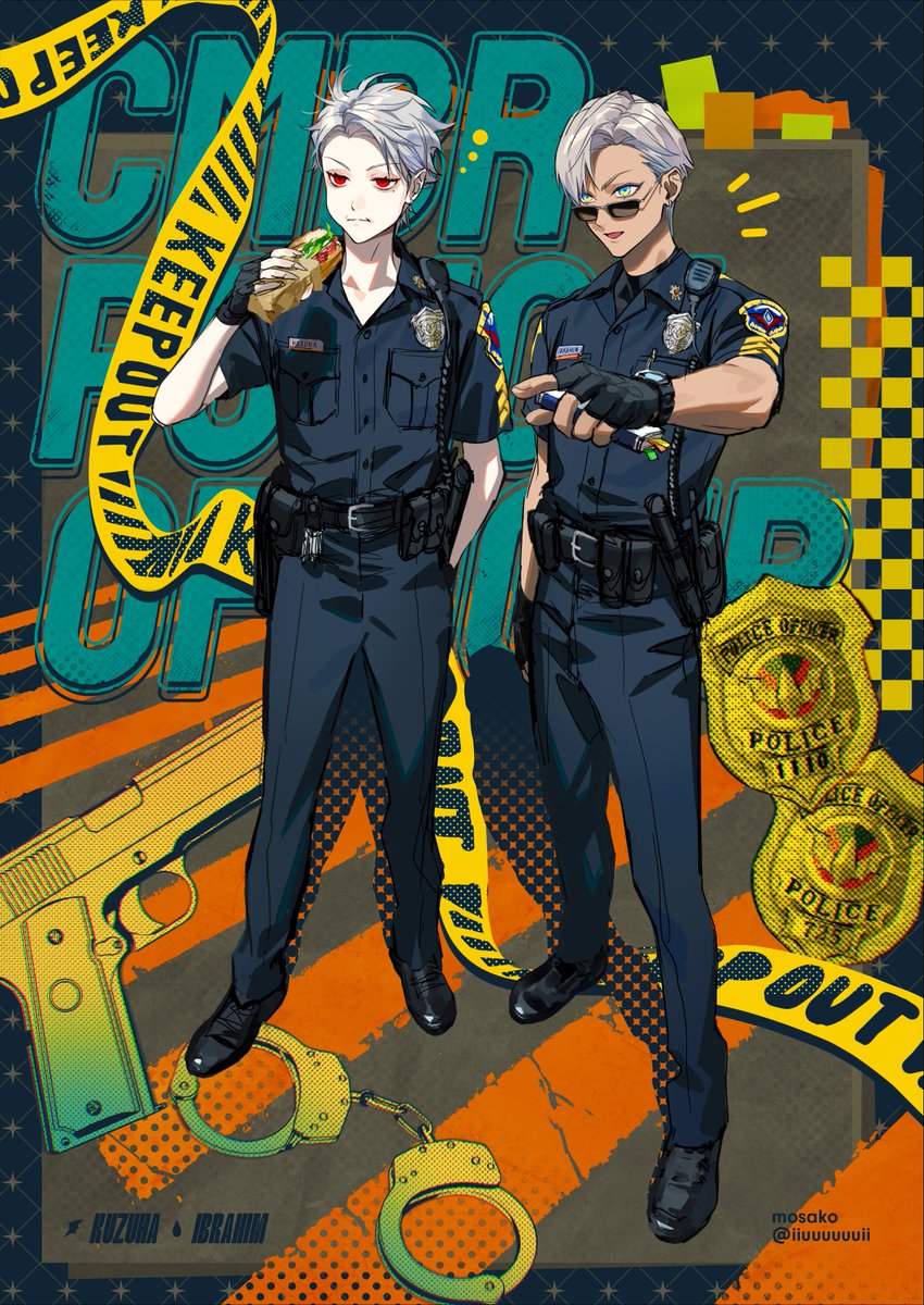 mosako, ibrahim (nijisanji), kuzuha (nijisanji), nijisanji, commentary request, highres, 2boys, artist name, baton (weapon), belt, black gloves, blue eyes, blue pants, blue shirt, caution tape, character name, collared shirt, crosswalk, cuffs, dark-skinned male, dark skin, fingerless gloves, food, gloves, grey hair, gun, hair slicked back, handcuffs, handgun, holding, holding food, holding sandwich, keep out, male focus, multiple boys, notice lines, pants, pointing, pointing at viewer, police, police badge, police uniform, pouch, red eyes, sandwich, shirt, short sleeves, sunglasses, twitter username, virtual youtuber, weapon