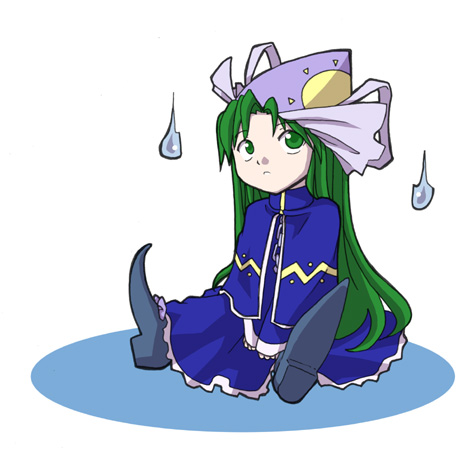 kazuhane, mima (touhou), touhou, touhou (pc-98), lowres, 1girl, chain, chibi, female focus, green eyes, green hair, hat, long hair, simple background, solo, white background, wizard hat