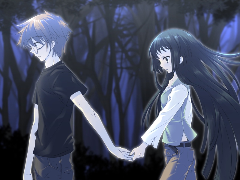 ito noizi, tsuwabuki masaharu, yaeno nadeshiko, nanatsuiro drops, light purple hair, game cg, 00s, 1boy, 1girl, belt, black hair, black shirt, expressionless, floating hair, from side, glasses, hetero, holding hands, long hair, looking down, pants, profile, sad, shirt, short sleeves, t-shirt, very long hair, walking, white shirt