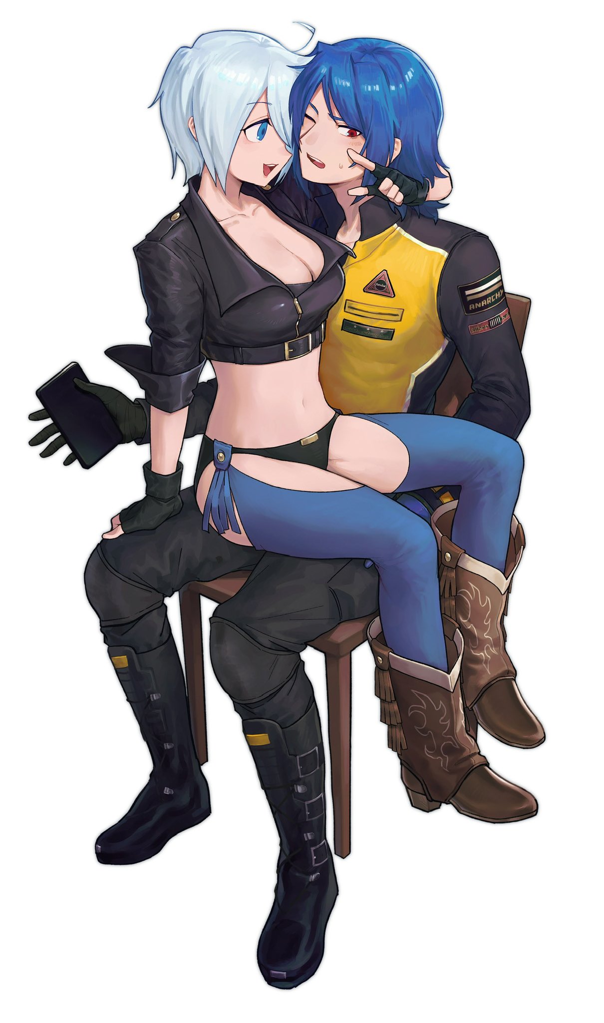 in cident ok, angel (kof), krohnen, the king of fighters, commentary, commission, english commentary, highres, 1boy, 1girl, arm support, black boots, black gloves, black pants, blue eyes, blue hair, boots, breasts, brown boots, cellphone, cheek poking, cleavage, collarbone, gloves, grey hair, hair over one eye, large breasts, long sleeves, looking at another, navel, one eye closed, pants, phone, poking, red eyes, short hair, simple background, sitting, sitting on lap, sitting on person, smartphone, sweatdrop, teeth, upper teeth only, white background, zipper, zipper pull tab