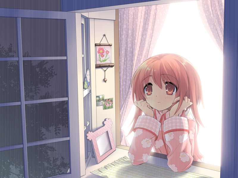ito noizi, akihime sumomo, nanatsuiro drops, game cg, 00s, 1girl, brown eyes, brown hair, female focus, head rest, looking outside, pajamas, rain, solo, window
