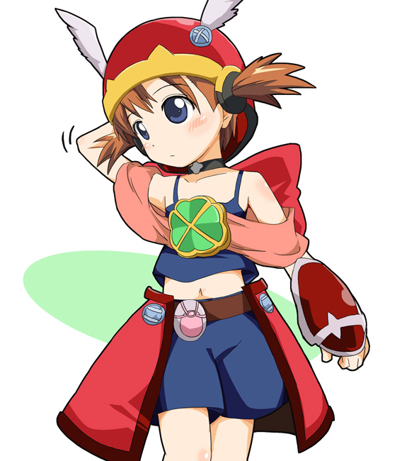 ixy, akazukin (otogi-juushi akazukin), otogi-juushi akazukin, 00s, 1girl, blue eyes, brown hair, clover, female focus, four-leaf clover, helmet, short hair, shorts, solo