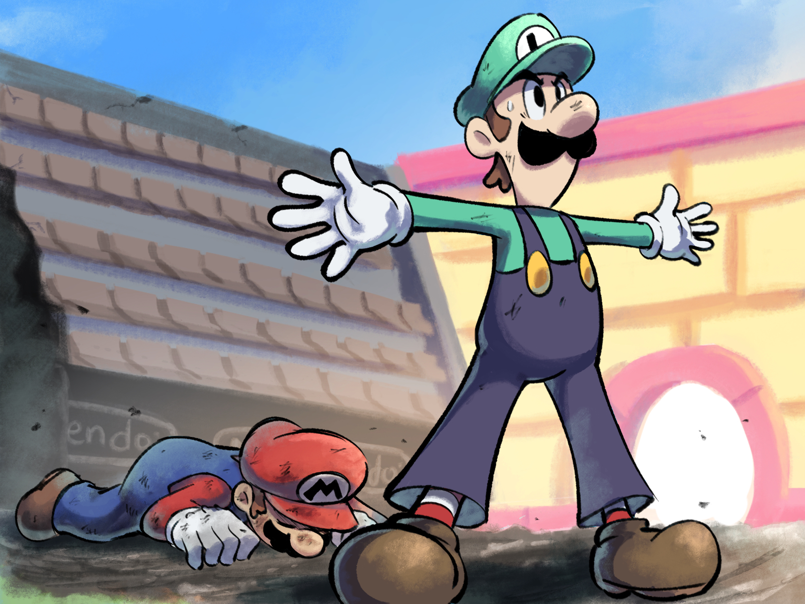 yamari (ya mari 6363), luigi, mario, mario & luigi rpg, mario (series), nintendo, highres, 2boys, black eyes, blue overalls, blue sky, boots, brothers, brown boots, brown hair, closed eyes, facial hair, full body, gloves, green hat, green shirt, hat, long sleeves, lying, male focus, masanori sato (style), multiple boys, mustache, newsboy cap, official style, on stomach, outdoors, outstretched arms, overalls, red hat, red shirt, shirt, short hair, siblings, sky, standing, sweatdrop, white gloves