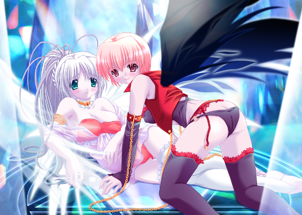 2girls, all fours, angel wings, ass, bent over, black wings, blush, breasts, demon wings, green eyes, medium breasts, multiple girls, nipples, panties, pink hair, red eyes, see-through clothes, thighhighs, underwear, white hair, wings